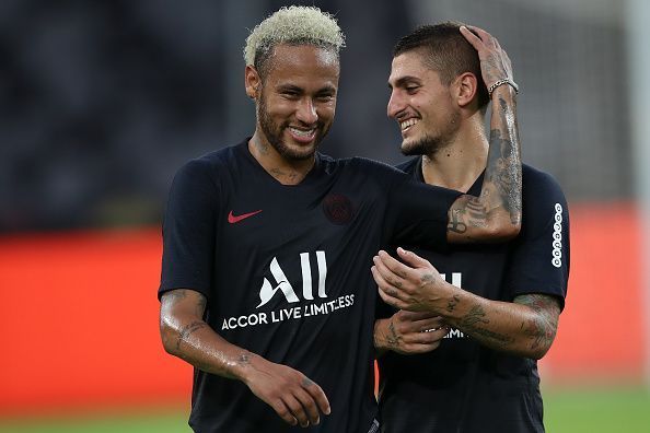 Neymar and Marco Verratti in PSG training