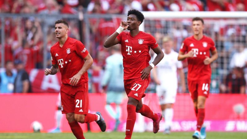 David Alaba celebrates his sweet strike that gifted Bayern the lead on the stroke of half-time