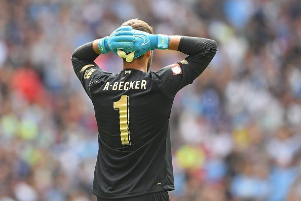 Alisson Becker in action in the Community Shield game