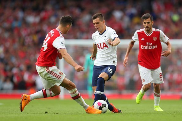 Arsenal&#039;s Granit Xhaka and Dani Ceballos in action against Spurs