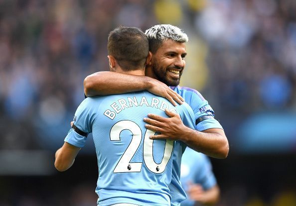 Manchester City&#039;s Sergio &#039;Kun&#039; Aguero and Bernardo Silva celebrate