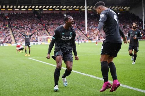 Georginio Wijnaldum rejoices with teammates after scoring against Sheffield United