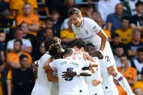 Chelsea players celebrating a goal on Saturday.