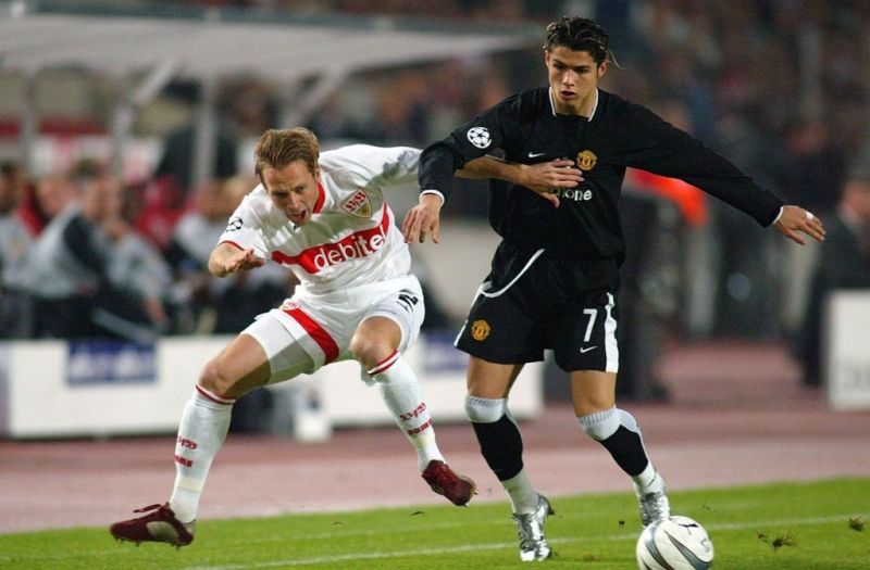 Ronaldo in action in his debut Champions League game against Stuttgart in 2003-04