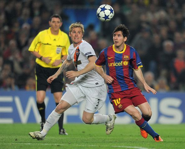 Messi in action in his debut Champions League game against Shakhar Donetsk in 2005-06
