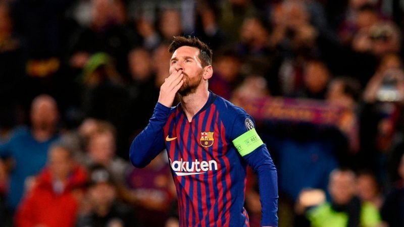 Messi rejoices after his record-extending 66th group stage goal, scored against Lyon in 2018-19