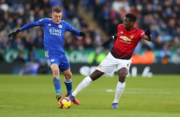 Jamie Vardy and Paul Pogba in a tussle for possession during United&#039;s 1-0 win over Leicester last term