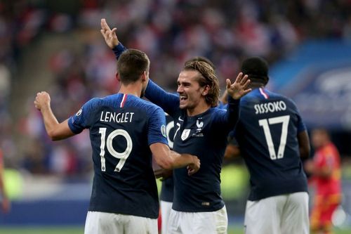 Clement Lenglet celebrates his first goal for France ed an absolute screamer in the 38th minute