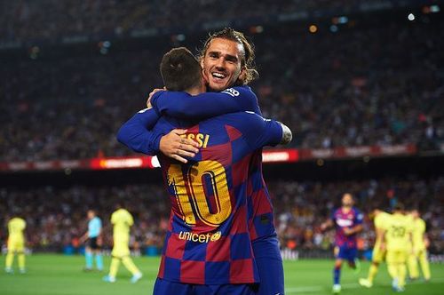 FC Barcelona's Lionel Messi and Antoine Griezmann celebrate