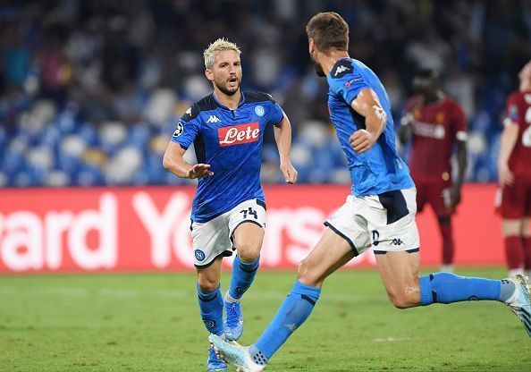 Dries Mertens celebrates his decisive spot-kick to break the deadlock against Liverpool