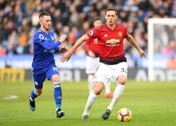 James Maddison and Nemanja Matic tussling for possession during a recent fixture between the two sides