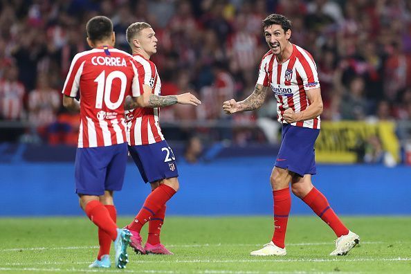 Stefan Savic (r) celebrates his goal