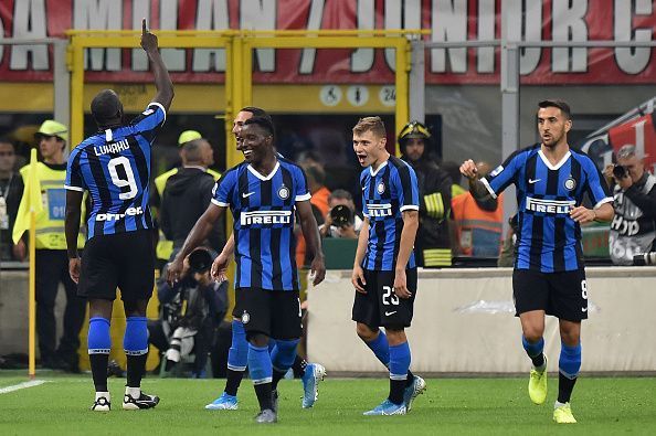 Lukaku celebrates his goal for Inter in the Milan Derby