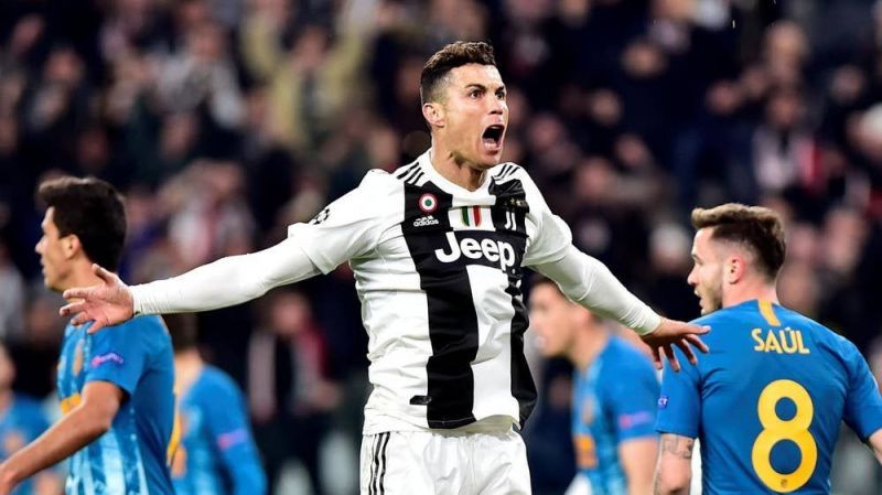 Ronaldo celebrates his 4th hat-trick in the Champions League knockout stage, against Atl&Atilde;&copy;tico in 2018-19