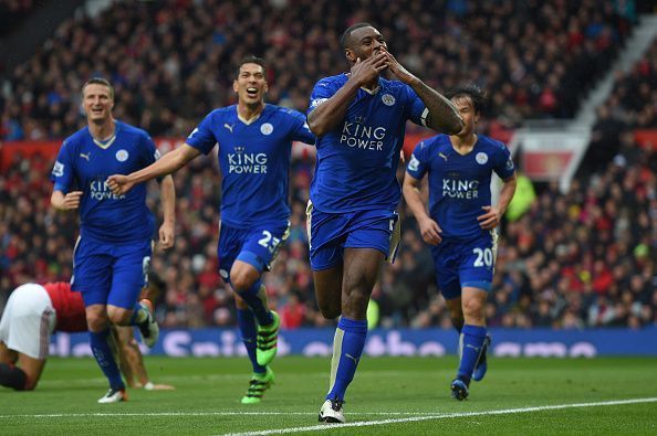 Happier times: Morgan celebrates his goal at Old Trafford during Leicester&#039;s title-winning campaign