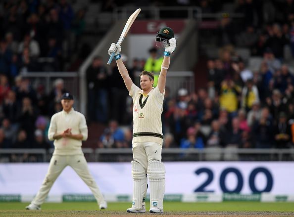 Steve Smith celebrating his double hundred against England in the first innings of the fourth Ashes Test