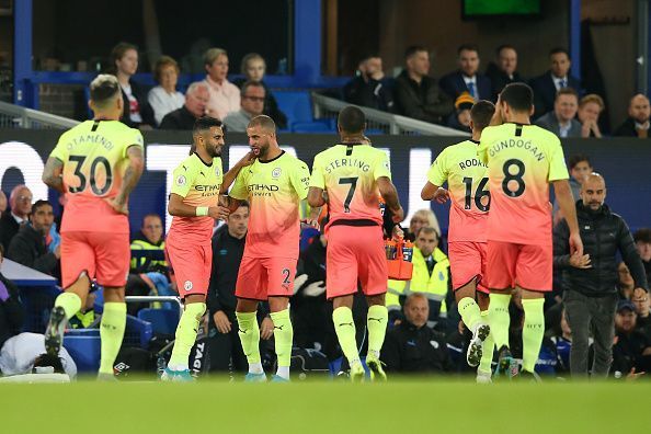 Manchester City players celebrate Riyad Mahrez&#039;s goal