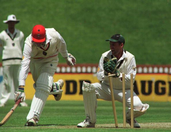 New Zealand captain Stephen Fleming run-out.