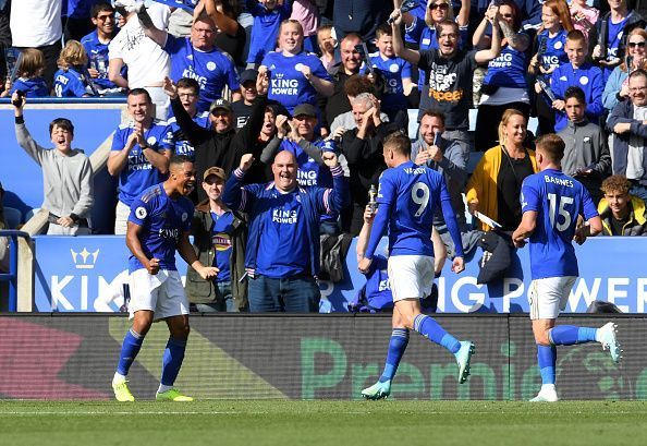 Leicester City players celebrate a goal.