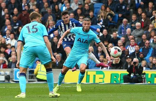 Brighton's Aaron Connolly whips the ball beyond the Tottenham Hotspur rearguard