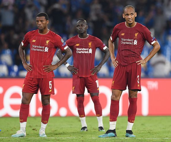 Liverpool stars look dejected after losing their Champions League opener to Napoli