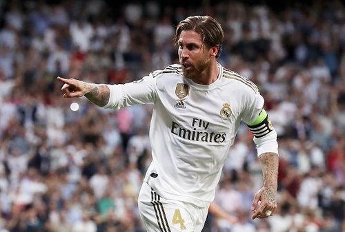 Real Madrid's Sergio Ramos celebrating his goal against Club Brugge