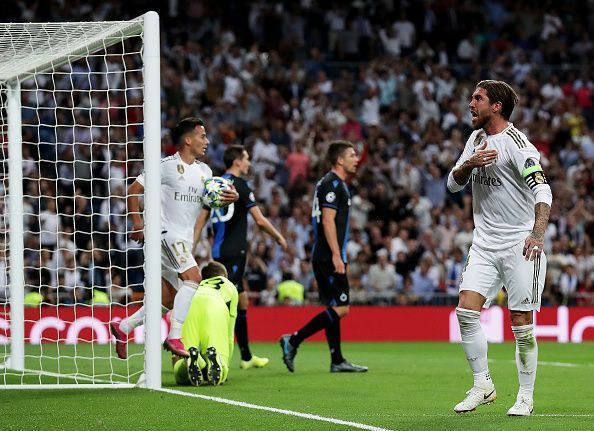 Sergio Ramos celebrates his goal for Los Blancos