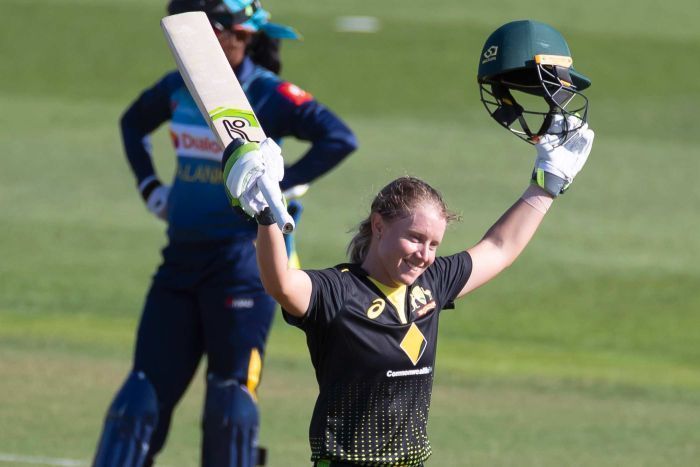 Healy celebrates her century against Sri Lanka (PC: abc.net.au)