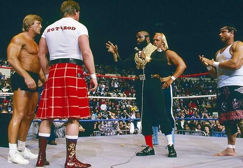 Popular TV star Mr. T sharing the ring with WWE Superstars Paul Orndorff, Roddy Piper, Hulk Hogan, and Jimmy Snuka.