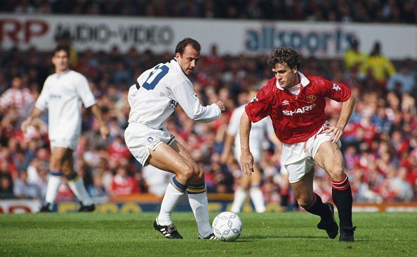 Mark Hughes in action for Manchester United in the first season of the Premier League