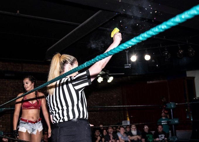 Bambi Hall let Kendall Marie shoot her confetti gun at DOA Pro Wrestling before she went to face Rebel Kel (Credit: Lady Bell Wrestling Photos)