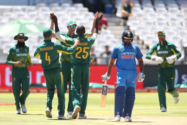 Kagiso Rabada celebrating his dismissal of Sharma in an ODI