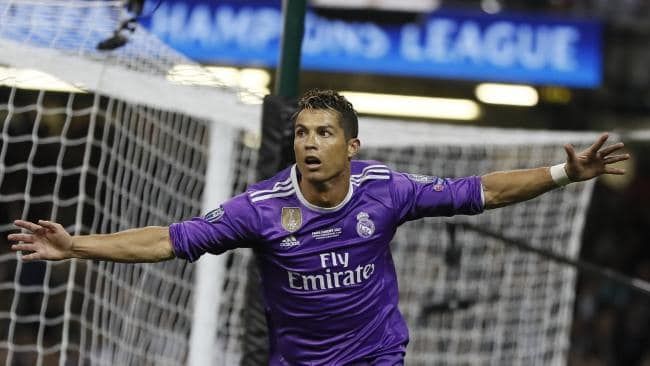 Ronaldo celebrates his goal against Juventus in the 2017 final against Juventus in Cardiff