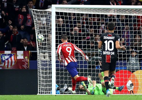 Atletico Madrid vs Bayer Leverkusen - Alvaro Morata knocks the ball into the net