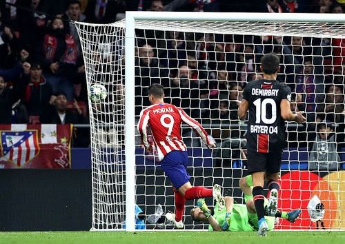 Atletico Madrid vs Bayer Leverkusen - Alvaro Morata knocks the ball into the net