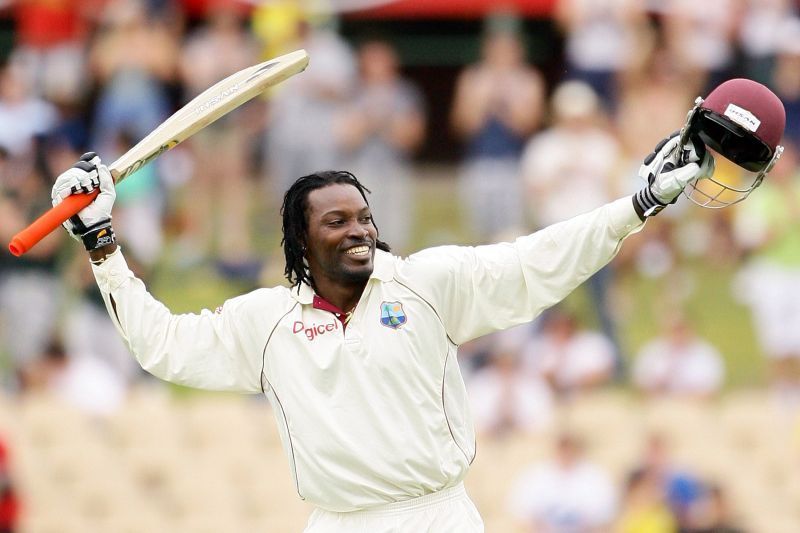 Chris Gayle is seen celebrating after reaching a triple century
