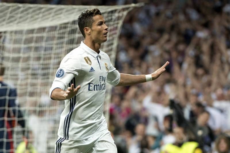 Ronaldo rejoices after scoring his 100th Champions League goal, against Bayern Munich