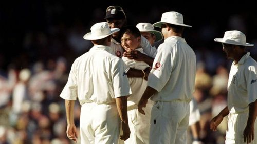 England celebrate Darren Gough's hat-trick at the SCG