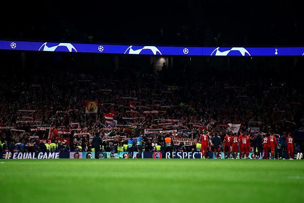 Bayern players celebrate with the raucous travelling support after an unforgettable night&#039;s viewing