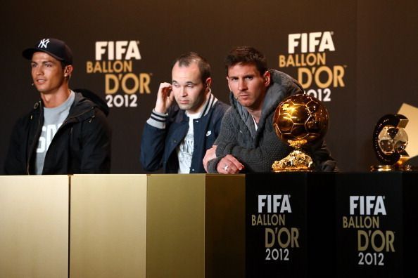 From L to R: Cristiano Ronaldo, Andres Iniesta and Lionel Messi at the 2012 Ballon d'Or gala.