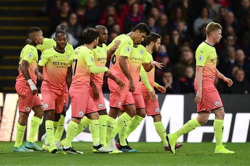 Manchester City players celebrate Gabriel Jesus' goal