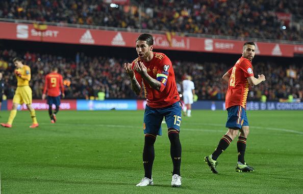 Sergio Ramos celebrates against Norway in the first leg