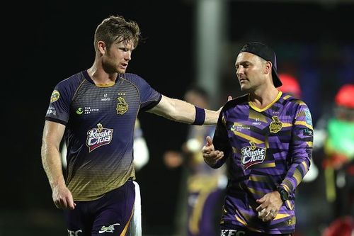 Brendon McCullum (R) was TKR head coach during CPL 2019