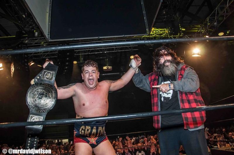 Grado celebrates winning the ICW World Title with Mick Foley at Fear and Loathing 8. Credit: David J Wilson