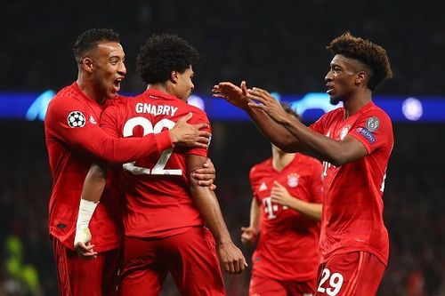 Bayern players celebrate with Gnabry during their 7-2 thrashing vs. Tottenham in their UCL Group B game