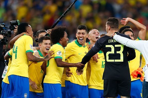 The Brazilian players celebrate their Copa America triumph.