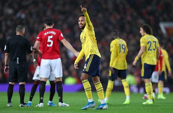 Aubameyang celebrates his seventh league goal of 2019/20, as Arsenal drew 1-1 with Manchester United