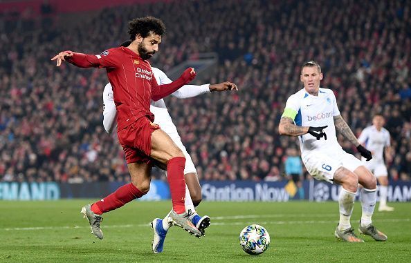 Salah in action against Genk during Liverpool's Group E fixture - he has three goals in four matches