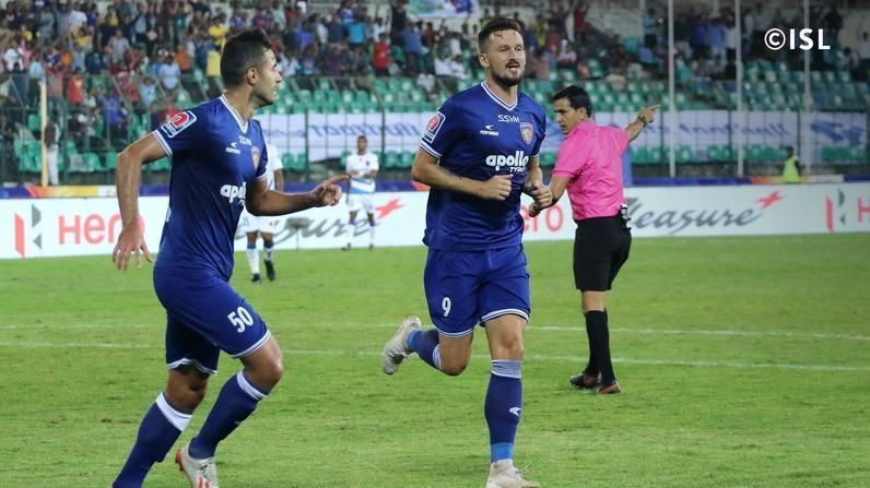 Nerijus Valskis (right) scored both of Chennaiyin&#039;s goals