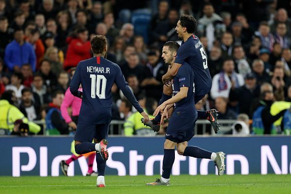 Pablo Sarabia with a muted celebration against his former side as PSG equalised late against Real Madrid